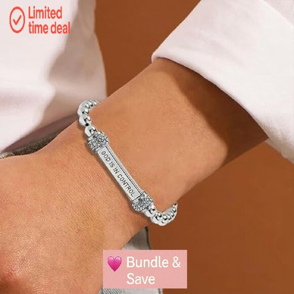 Stainless Steel Stretch Bracelet with Diamond Beads, Inspirational Engraving - Picture 3 of 8